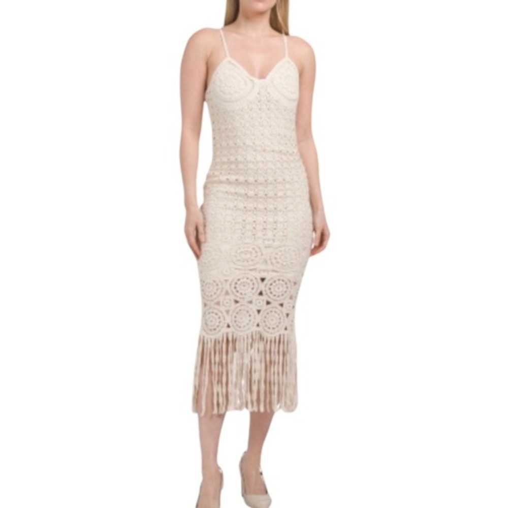 Torn by Ronny kobo Neutral Boho Crocheted Fringe Midi Dress Size Large New!